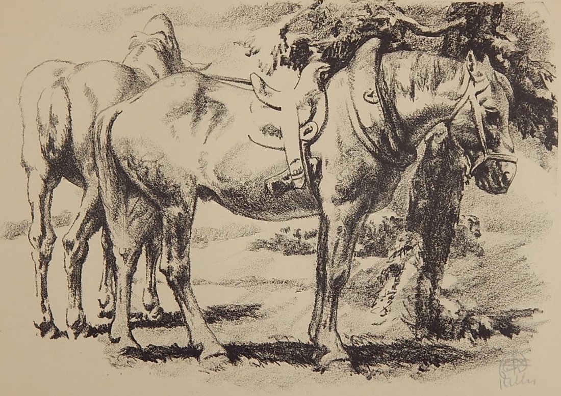 Henry Keller lithograph: Henry Keller (American 1869-1949)- ''Cart Horses Resting''- lithograph, 1935, signed in pencil, edition of 250, The Cleveland Print-A-Month Club publication no. 40, very good condition. 13 1/2 x 18'' 