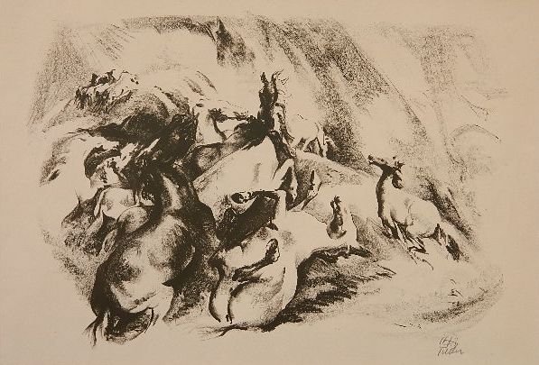 Henry Keller lithograph: Henry Keller (American 1869-1949) ''Fighting Horses''- lithograph, signed in pencil, slightly light struck. 11 x 17 1/4''
