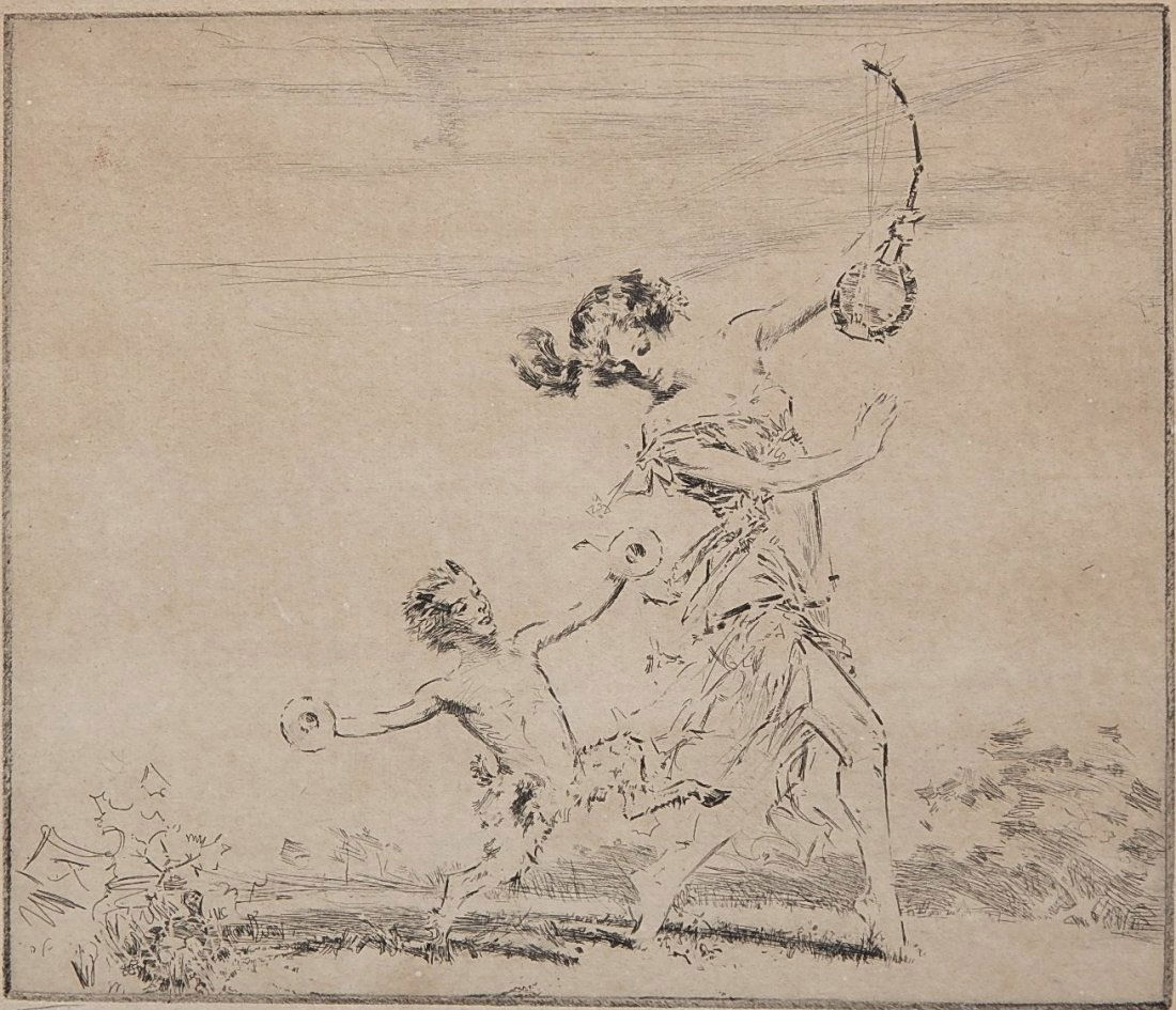 Troy Kinney etching: Troy Kinney (American 1871-1938)- ''Arcadia'' (Kinney 33)- etching, 1921, signed in pencil, edition of 170, printed on wove paper, light struck, laid down, some minor nicks in paper surface. This imag