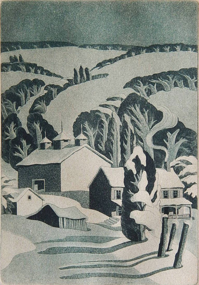 George Jo Mess etching: George Jo Mess (American 1898-1962)- ''Winter in the Hills''- etching, signed, titled and annotated 'artist's proof' in pencil, foxing throughout. 8 1/2 x 6''