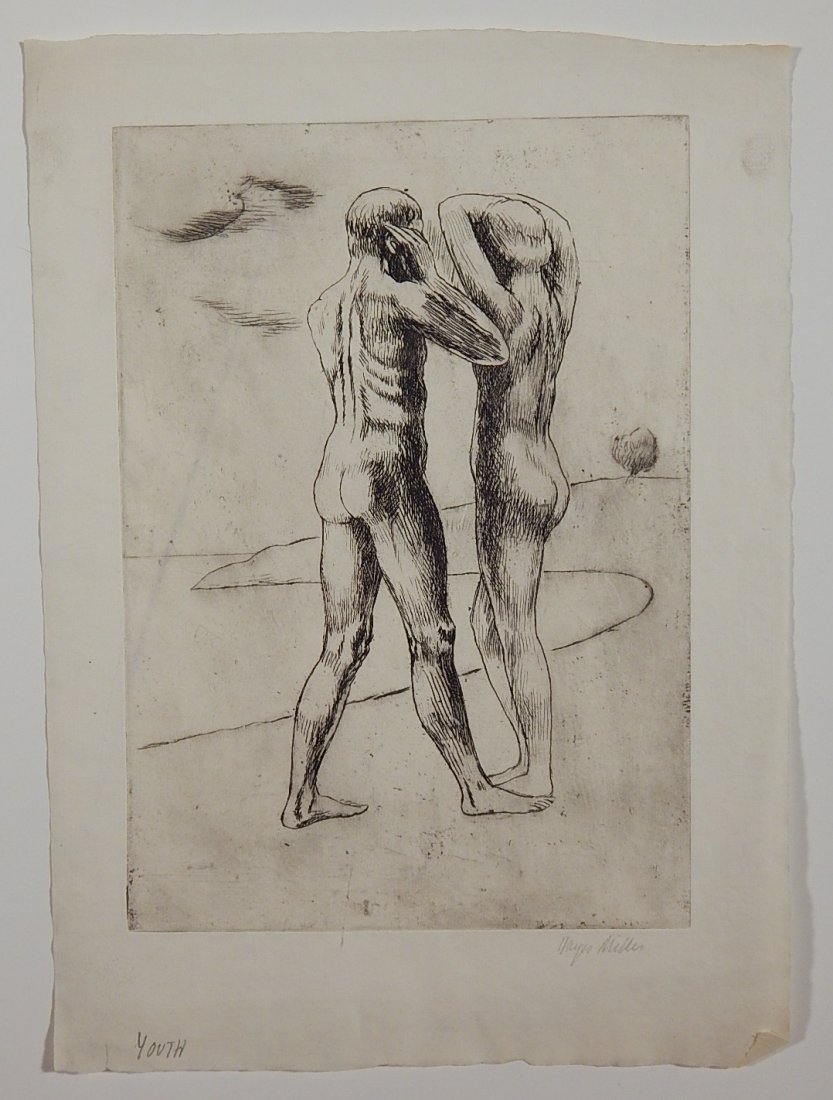 Kenneth Hayes Miller etching: Kenneth Hayes Miller (American 1876-1952)- ''Youth''- etching, 1923, signed in pencil. 9 3/4 x 7''