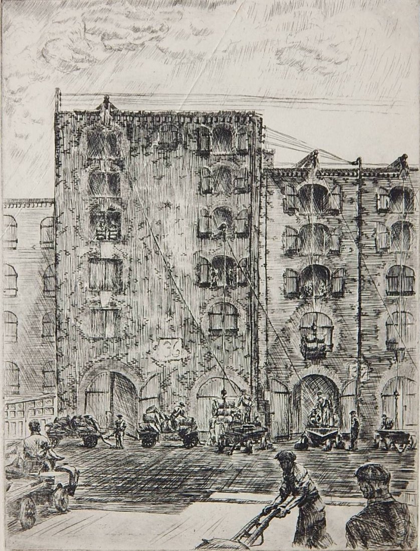 Max Mongel etching: Max Mongel (American 20th c.)- ''Sugar Warehouses''- etching, signed and titled in pencil, stamped 'Federal Art Project / NYC WPA', repaired slices to paper. 12 x 9''