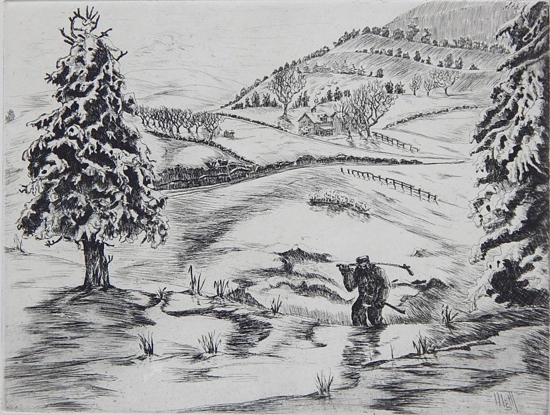 Max Mongel etching: Max Mongel (American 20th c.)- ''Rolling Hills''- etching, signed and titled in pencil, stamped 'Federal Art Project / NYC WPA', some abrasions in image. 9 x 11 3/4''