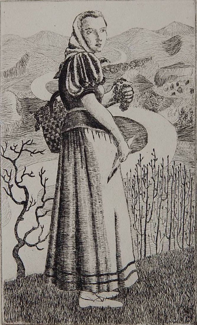 Betty Waldo Parrish etching: Betty Waldo Parrish (American 1910-1986)- ''Harvest''- etching, signed and titled in pencil, stamped 'Federal Art Project / NYC WPA'. 9 7/8 x 6''