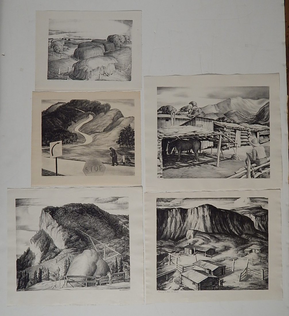 Wilfred A. Readio 5 lithographs: Wilfred A. Readio (American 1895-1961)- ''Curves and Intersections''; ''Hay and Straw''; ''Scarface''; ''Old Corral'' and ''Ranch by The Mesa''- 5 lithographs, 2 titled and all numbered in pencil, goo