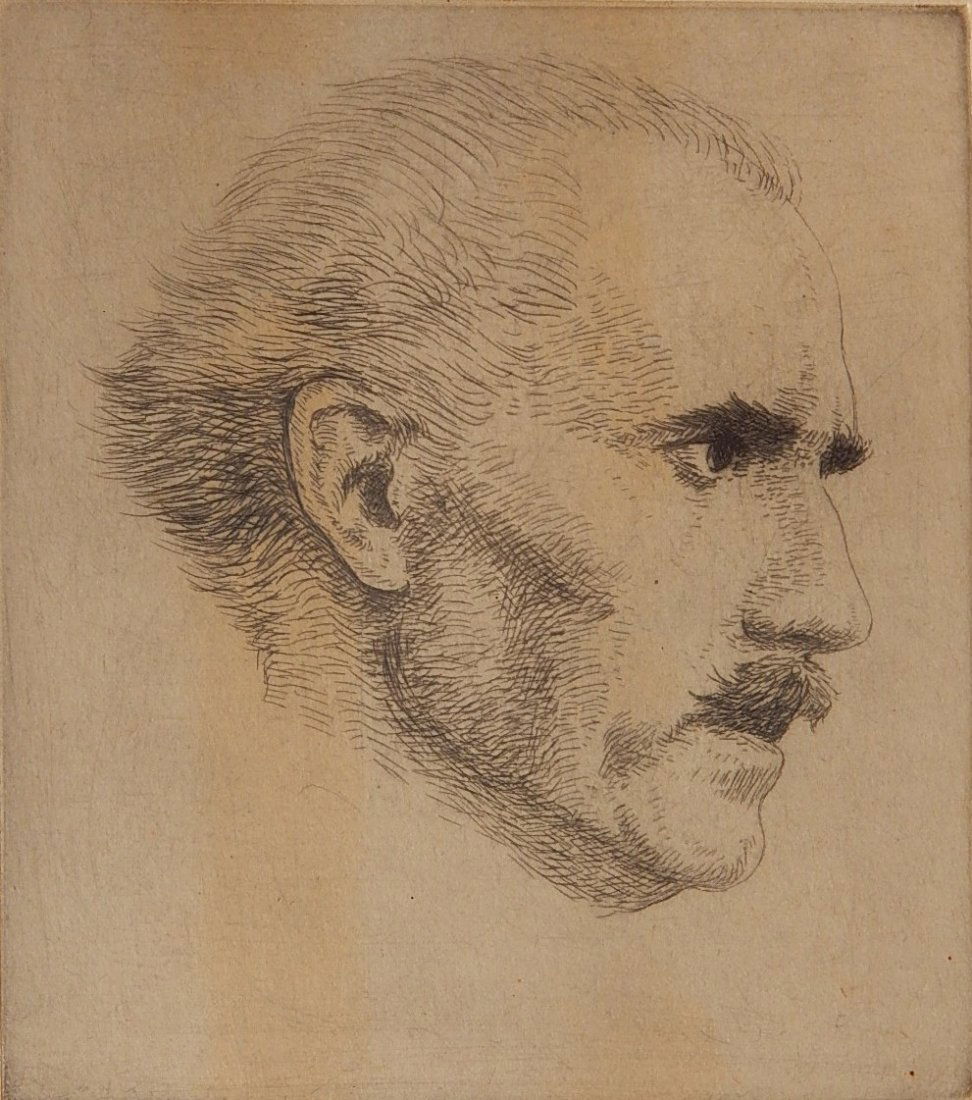 Grant Reynard etching: Grant Reynard (American 1887-1968)- ''Toscaninni''- etching, signed and titled in pencil, laid down to board and slightly light struck. 5 3/8 x 4 3/4''