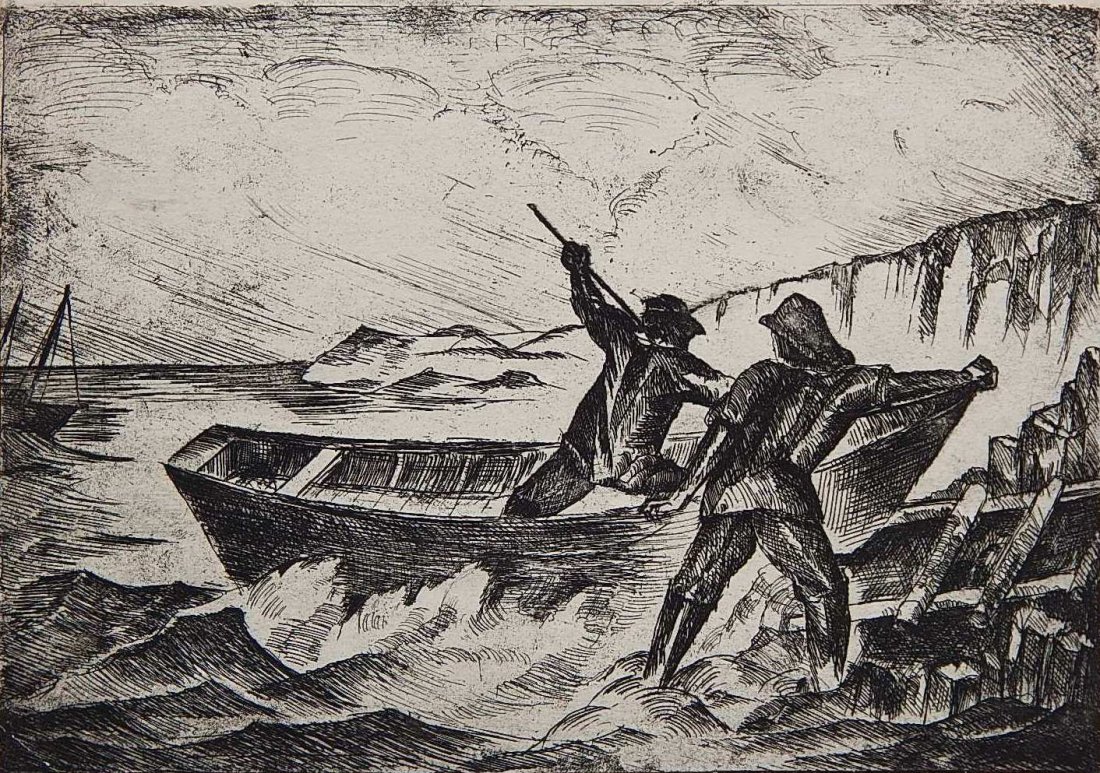 William Sanger etching: William Sanger (American 1875-1961)- Boat and Fisherman- etching, signed in pencil, stamped 'Federal Art Project / NYC WPA', 2 severe creases in image. 7 x 9 3/4''