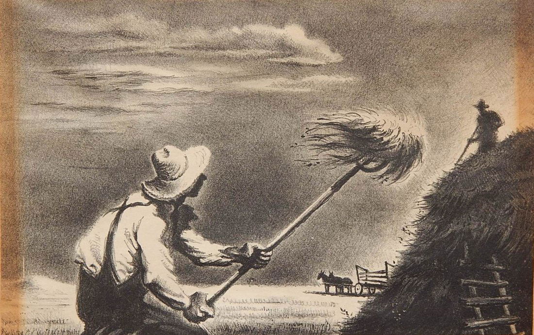 George Schreiber lithograph: George Schreiber (American 1904-1977)- ''Haying'' (AAA/Czestochowski 1945.074)- lithograph, 1945, signed in pencil, heavy toning in margins and slightly into image, packing tape hinges. 8 1/2 x 12 1/2