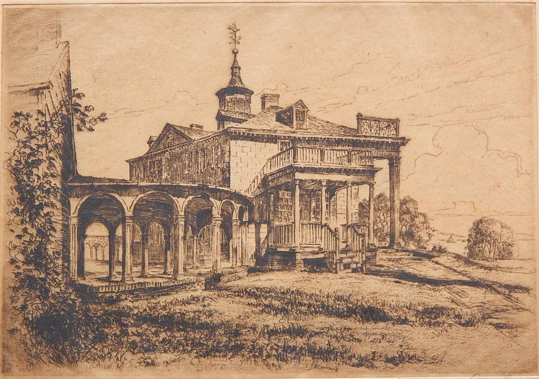 Anton Schutz etching: Anton Schutz (American 1894-1977)- ''Old House''- etching, signed and annotated '2nd state, a' in pencil, light struck and mat burn. 10 x 7''
