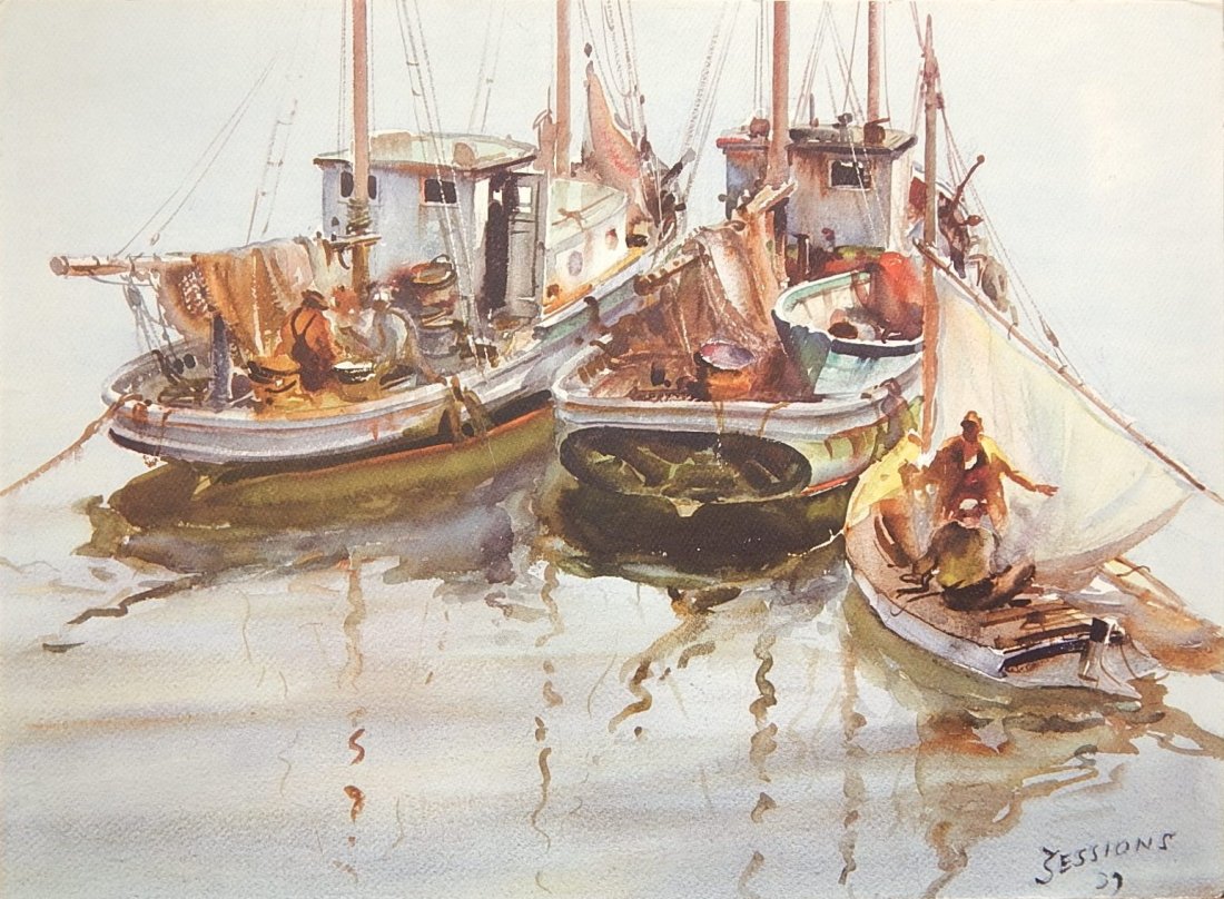after James Sessions off-set print: after James Sessions (American 1882-1962)- Boats on Water- off-set print. 17 1/2 x 24''