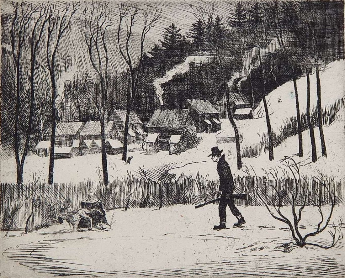 Raymond Skotfield etching: Raymond Skotfield (American 1909-1996)- ''The Hunter''- etching, 1937, signed, dated and titled in pencil, stamped 'Federal Art Project / NYC WPA'. 8 x 9 7/8''
