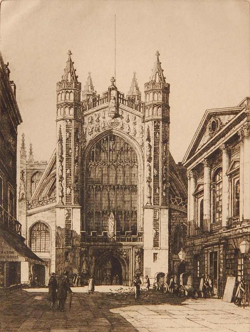 Francis Hopkinson Smith etching: Francis Hopkinson Smith (American 1838-1915)- ''Bath Abbey''- etching, signed and titled in pencil, slightly light struck, otherwise good condition. 9 3/4 x 7 1/2''
