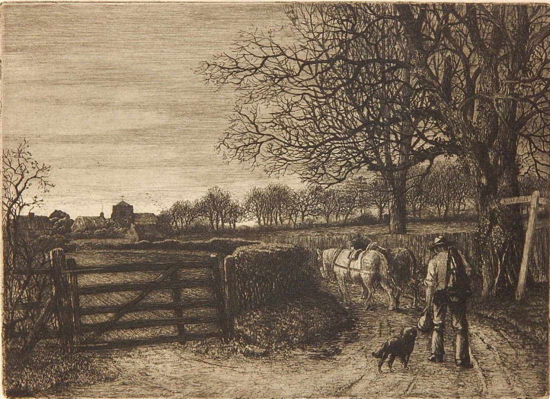 Francis Hopkinson Smith etching: Francis Hopkinson Smith (American 1838-1915)- ''The Weary Ploughman''- etching, signed and titled in pencil, good condition. 6 1/2 x 9''
