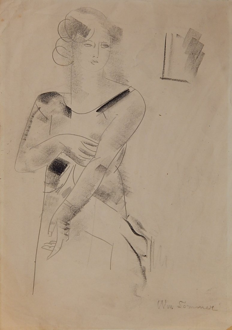 William Sommer pencil and lithocrayon: William Sommer (American 1867-1949)- Woman- pencil and lithocrayon on paper, signed Wm. Sommer lower right, note: 2 creases in paper. 9 3/4 x 6 3/4''