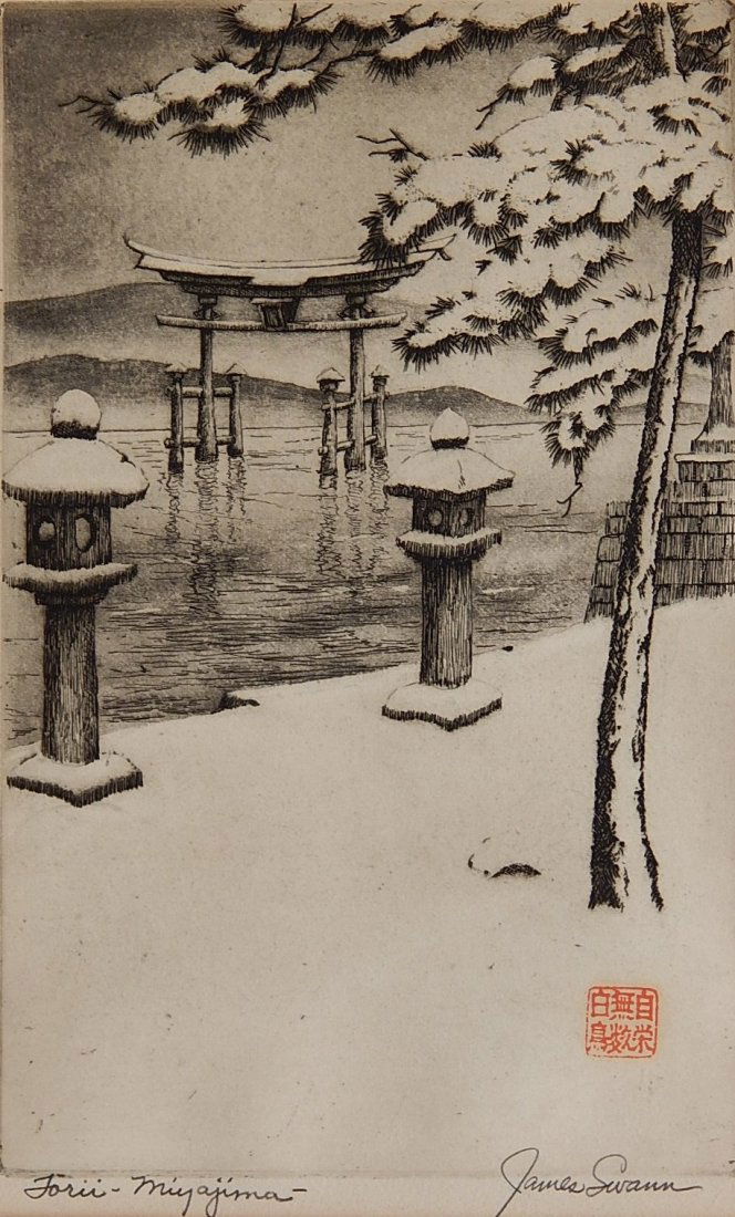 James Swann drypoint and aquatint: James Swann (American 1905-1985)- ''Torii - Miyajima'' (Czestochowski 242)- drypoint and aquatint, 1961, signed and titled in pencil, slightly light struck, otherwise good condition. 9 1/2 x 6''