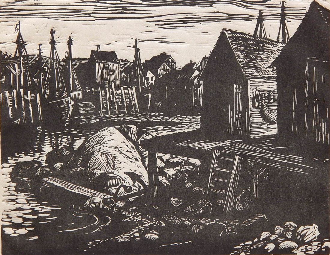 Robert Von Neumann woodcut: Robert Von Neumann (American 1923-1984)- ''Morning in Rockport''- woodcut, signed and titled in pencil, slightly light struck, otherwise good condition. 8 1/2 x 10 7/8''