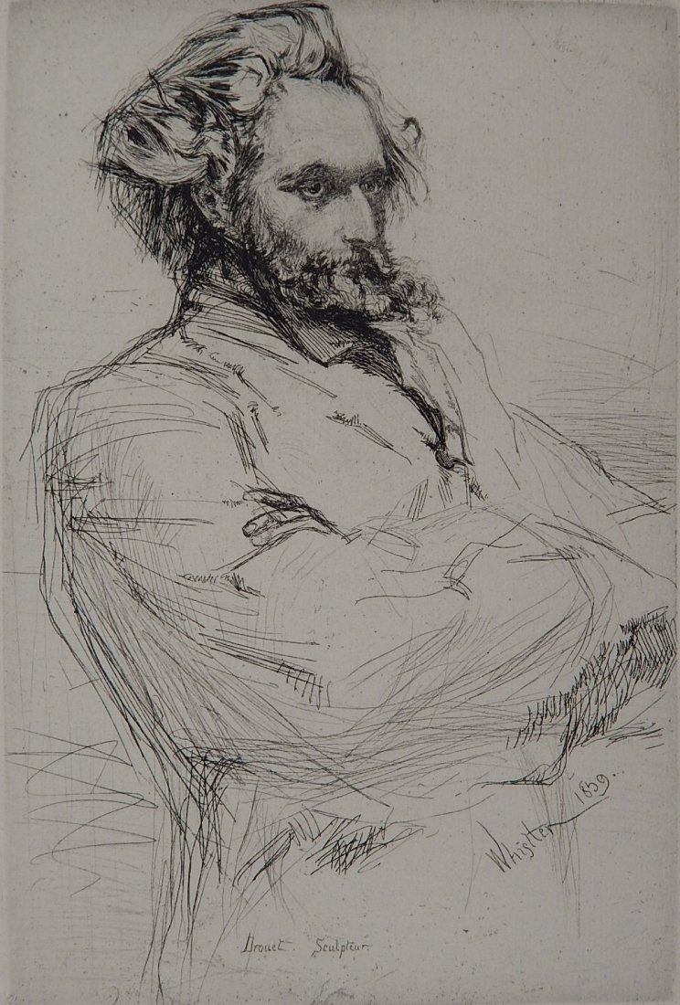 James A. M. Whistler drypoint: James A. M. Whistler (American 1834-1903)- ''Drouet'' (Kennedy 55ii)- drypoint, 1859, dry mounted to a board; light toning to edges, otherwise good condition. 8 7/8 x 6''
