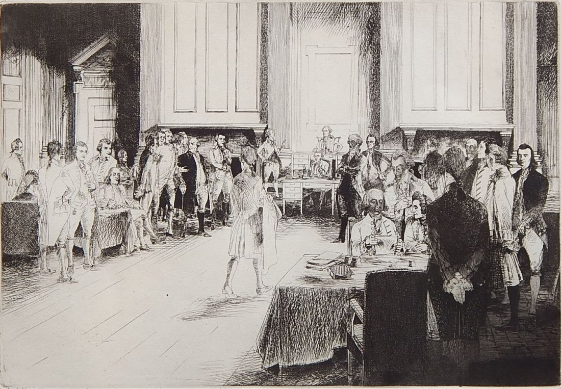 John Winkler etching: John Winkler (American 1890-1979)- ''The Consitutional Convention''- etching, 1932, signed in pencil, edition of 200, from the series: The Bi-Centennial Pageant of George Washington. 9 1/4 x 13 1/2''