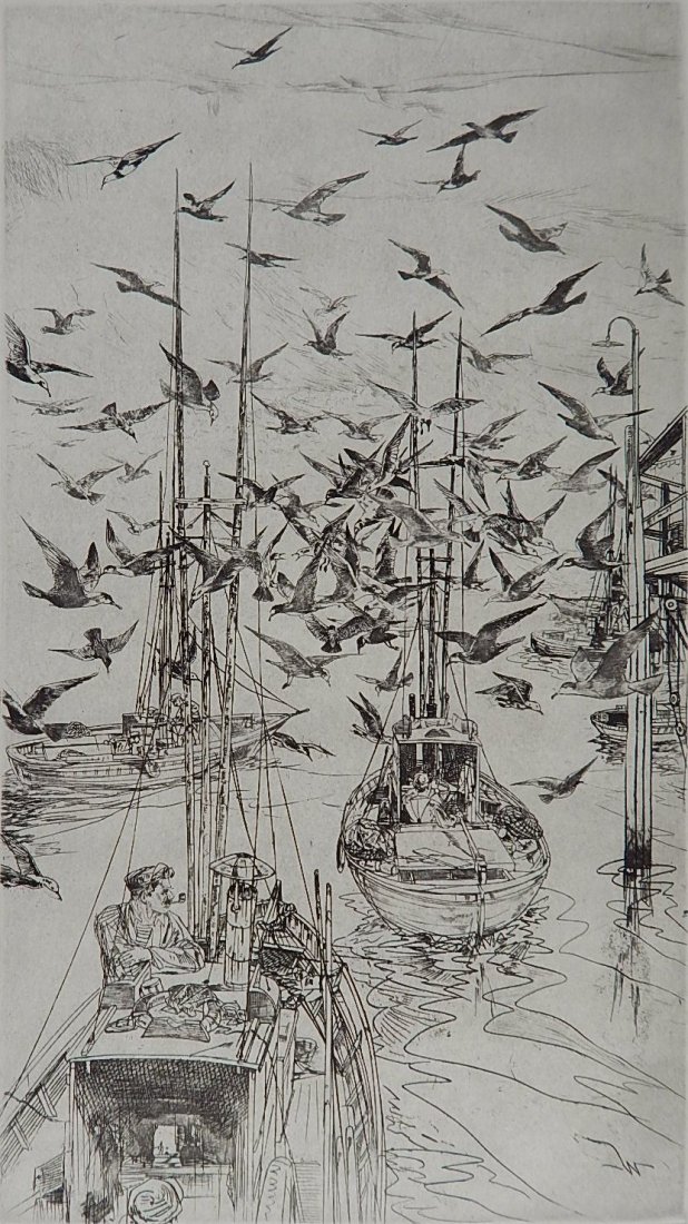 John Winkler etching: John Winkler (American 1890-1979)- ''Boats and Gulls''- etching, 1960, signed in pencil, edition of 50. 13 5/8 x 7 3/4''