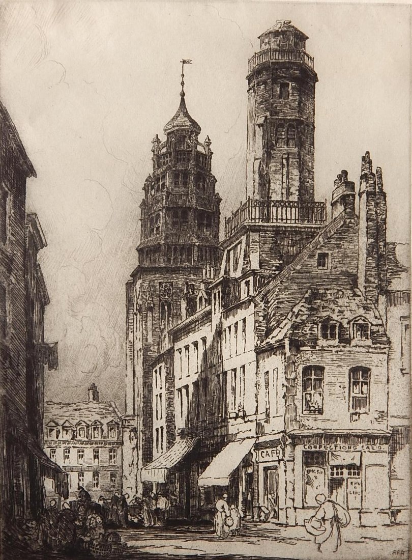 Andrew Fairbairn Affleck etching: Andrew Fairbairn Affleck (British 20th c.)- ''The Towers of Calais''- etching, signed in pencil, staining and handling creases in margins. 16 3/4 x 12 1/4''