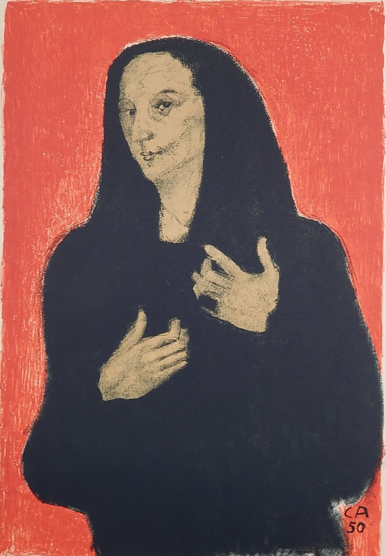 Cuno Amiet lithograph: Cuno Amiet (Swiss 1868-1961)- ''Une Veuve'' (A Window)- lithograph, 1950, signed and numbered 22/200 in pencil with blindstamp of the publisher, Guilde de la Gravure, creases and minor tears in margin