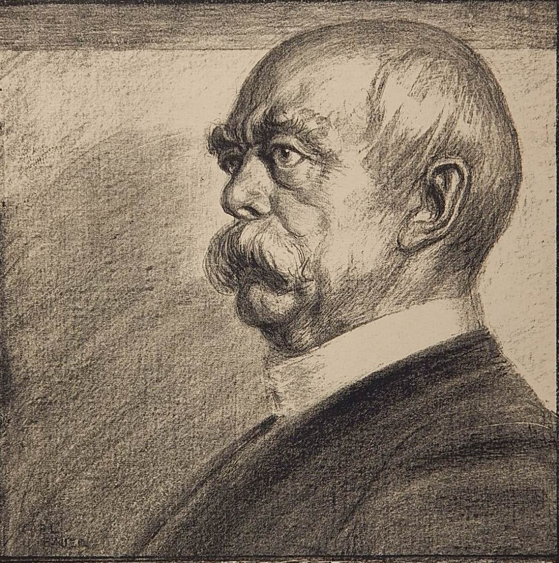 Karl Bauer lithograph: Karl Bauer (German 1868-1942)- Profile of Otto von Bismarck- lithograph, signed in pencil, good condition. 16 x 16''