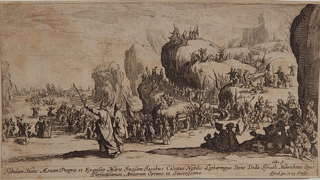 Jacques Callot etching: Jacques Callot (French 1592-1635)- ''Moses Parting The Red Sea''- etching, margins trimmed and various staining. 4 7/8 x 9''