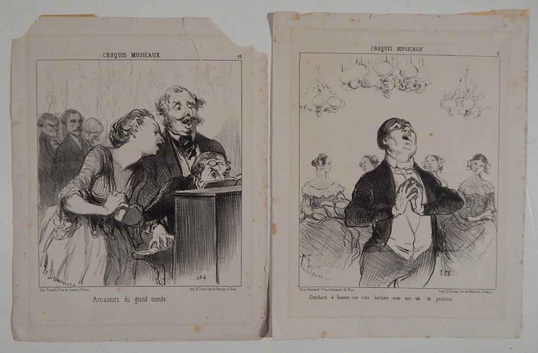 Honore Daumier 2 lithographs: Honore Daumier (French 1808-1879)- ''Amateurs Du Grand Monde''; ''Cheschant ... de poitrine''- 2 lithographs, as published in 'Croquis Musicaux', 'Amateurs..' has several tears, both light struck and