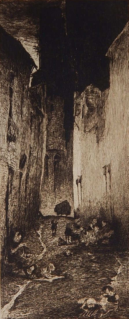 Jules de Bruycker etching: Jules de Bruycker (European 1870-1945)- ''La Ruelle''- etching, signed and titled in pencil, staining in margins, otherwise good condition. 13 3/8 x 5 1/2''