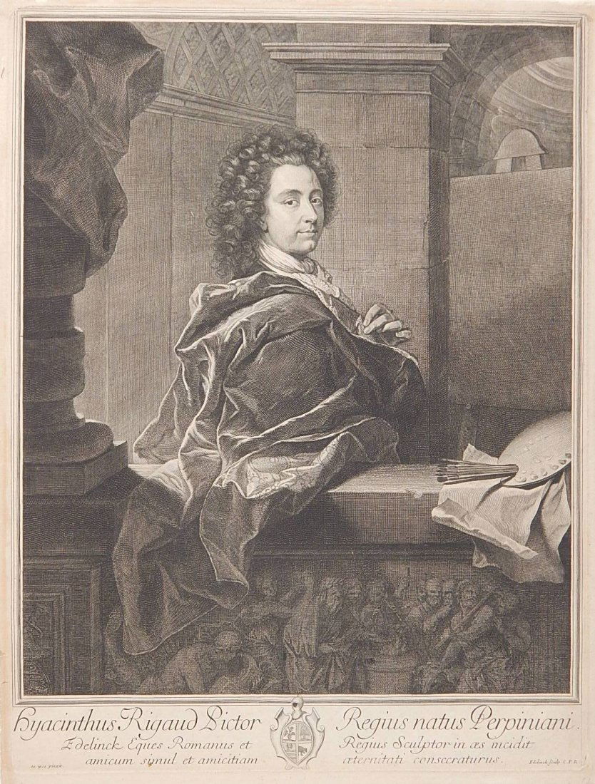 Gerard Edelinck engraving: Gerard Edelinck (European 19/20th c.)- Hyacinthe Rigaud Dictor Regiusnatus Perpiniani- engraving, fair condition. 18 1/2 x 14''