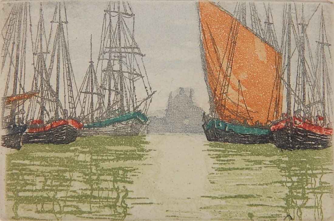 Hans Figura etching: Hans Figura (Austrian 1898-1978)- Sailboats- etching on paper, signed in pencil, old tape on upper corners of margin, otherwise good condition. 2 3/8 x 3 1/2''