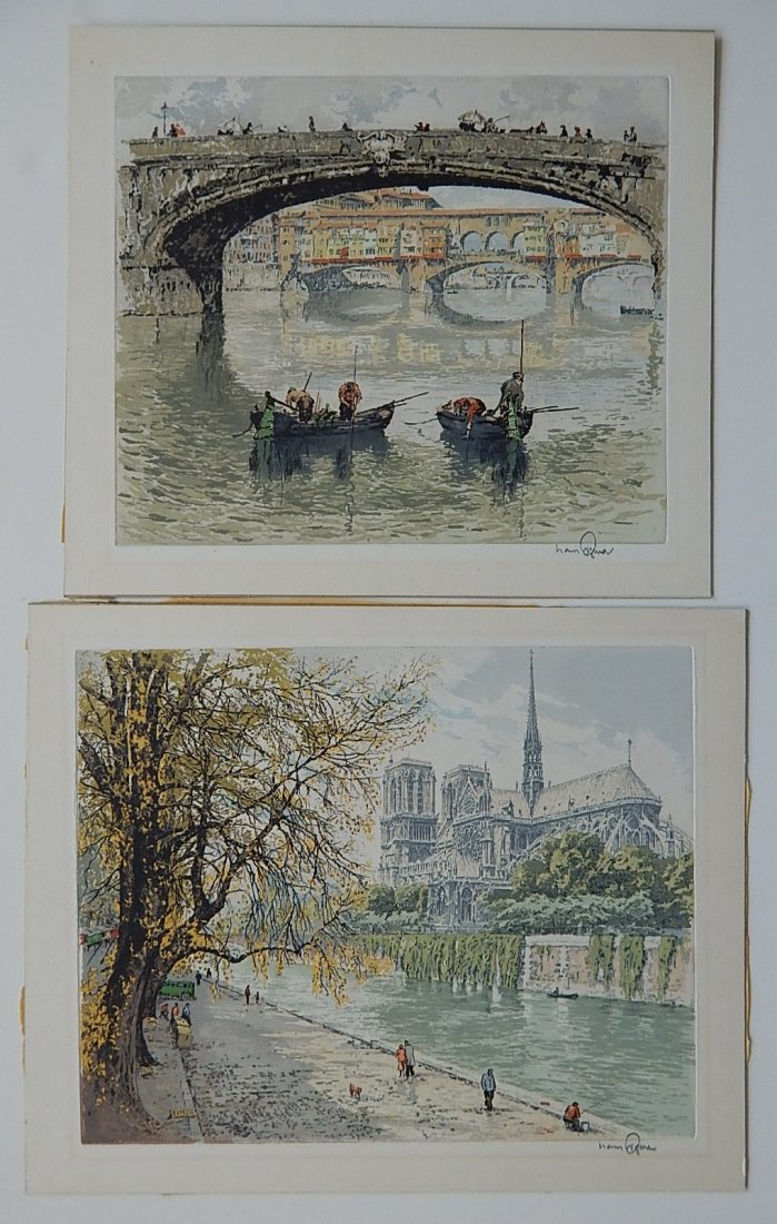 Hans Figura 2 etchings: Hans Figura (Austrian 1898-1978)- ''Ponte Vecchio'' and ''Notre Dame''- 2 etchings in colors, signed in pencil, both laid down to board and mat burn. 9 3/4 x 11 1/2''; 10 1/4 x 12 7/8''