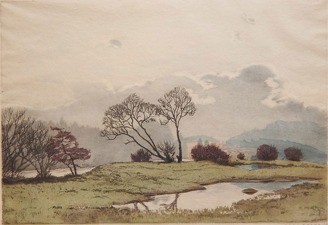 Hans Frank etching: Hans Frank (Austrian 1884-1948)- Pastoral Scene- etching in colors, 1924, signed and dated in pencil, slightly light struck. 7 3/4 x 11 1/4''