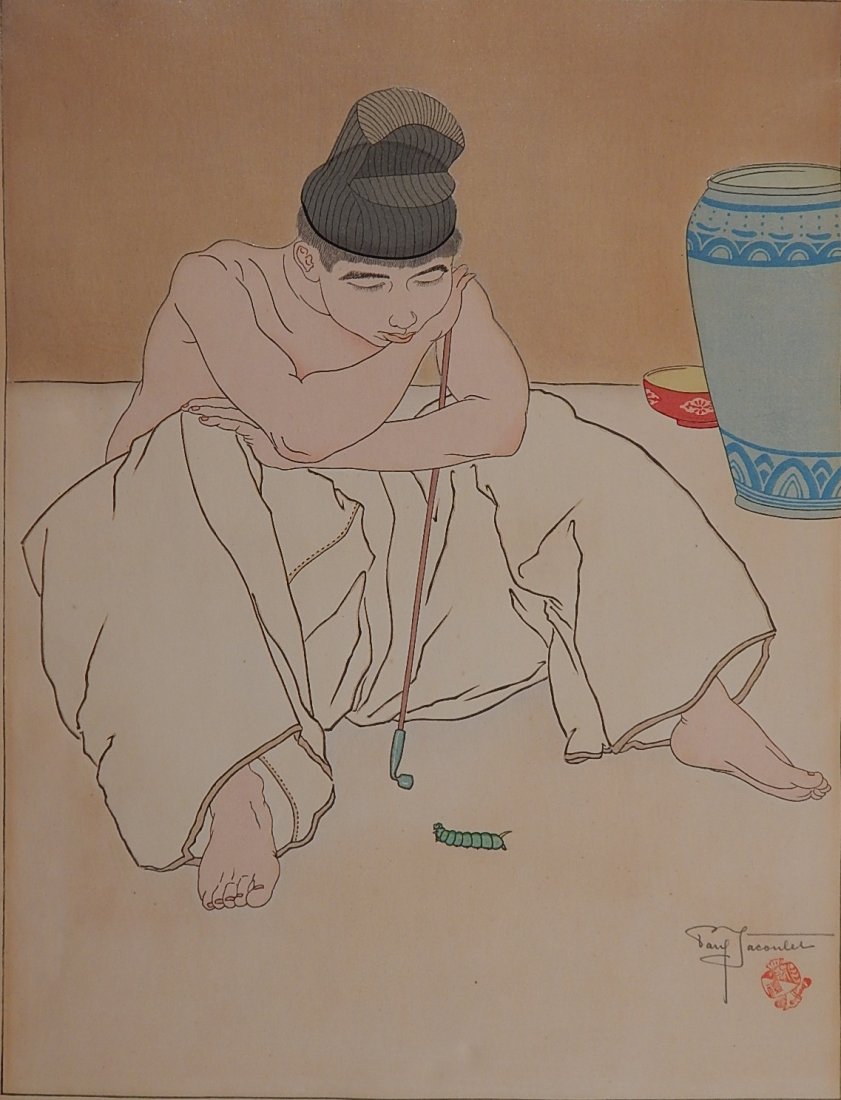 Paul Jacoulet woodblock: Paul Jacoulet (French 1902-1960)- ''La Chenille Verte'' (Miles 40)- woodblock in colors, signed in pencil, good condition. 15 1/4 x 11 1/2''