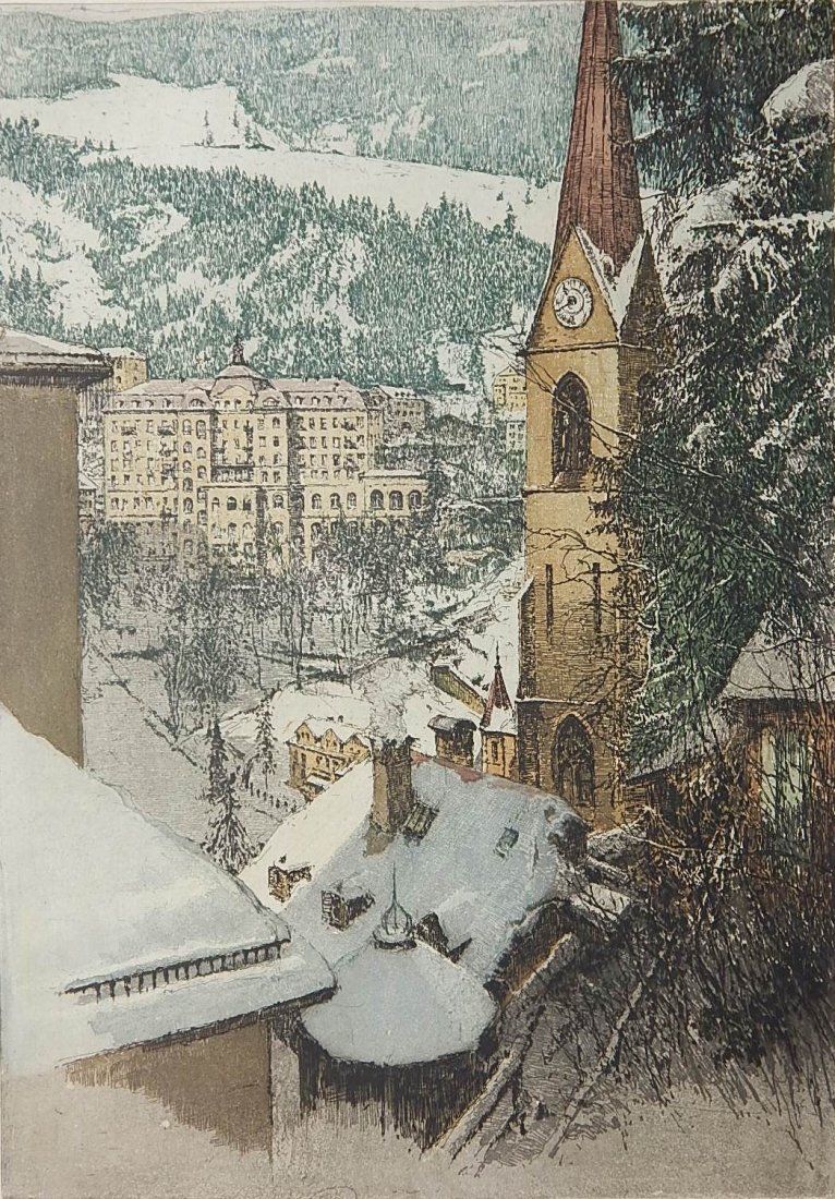 Luigi Kasimir etching and aquatint: Luigi Kasimir (Austrian 1881-1962)- ''Bad Gastein, Winter''- etching and aquatint, signed in pencil, light toning on bottom edge, otherwise good condition. 19 1/4 x 13 1/2''