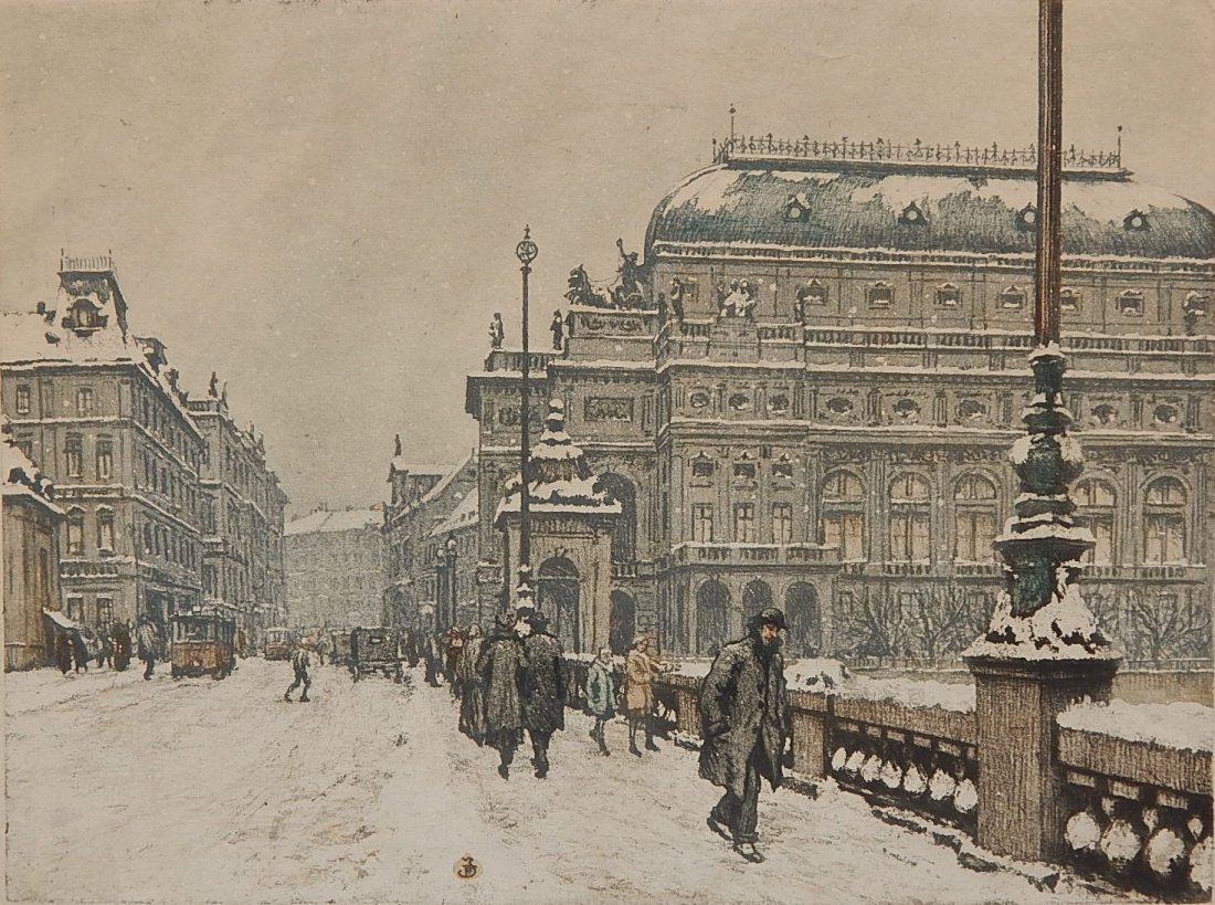 Tavik f. Simon etching: Tavik F. Simon (Czechoslovakian 1873-1942)- ''National Theatre in Winter'' (Novak 393)- soft ground and aquatint in colors, 1924, signed in pencil and with artist's stamp, age toning to ages of paper.
