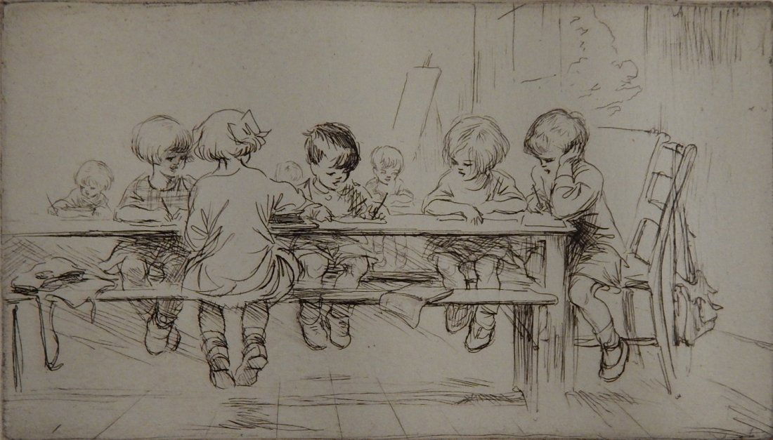 Eileen Soper etching: Eileen Soper (British 1905-1990)- ''In School''- etching, signed in pencil, very good condition. 4 x 6 7/8''