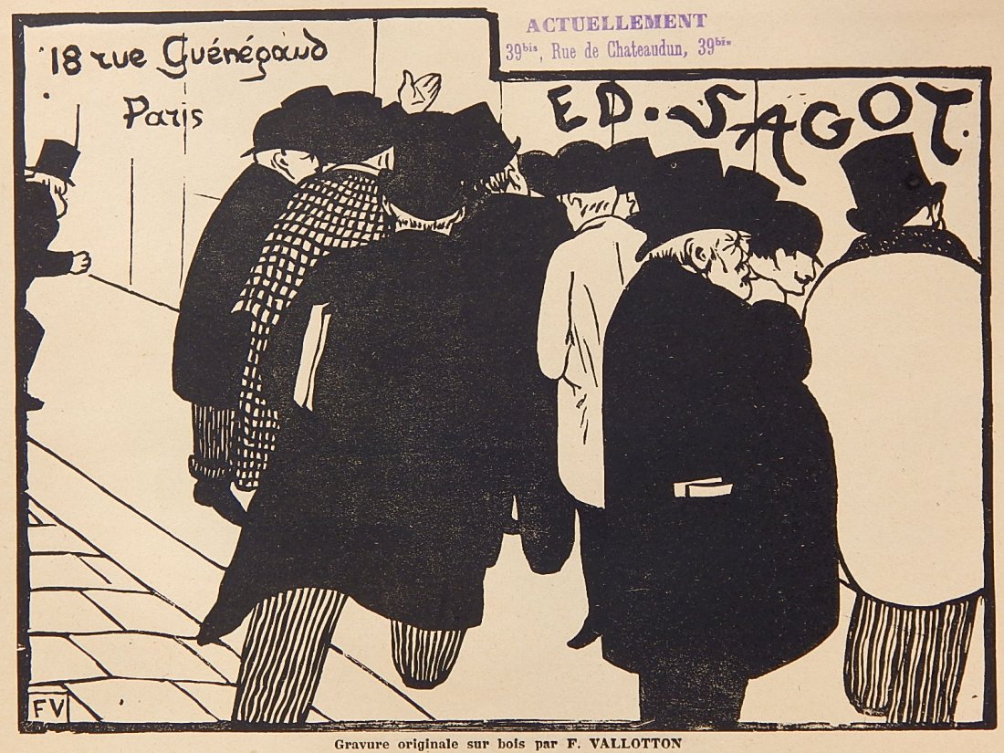 Felix Edouard Vallotton woodblock: Felix Edouard Vallotton (Swiss 1861-1925)- ''Ed Sagot - Les Amateurs D'Estampes'' (Vallotton and Goerg 107d)- woodblock, 1892, age toned, otherwise good condition. 7 3/8 x 10''