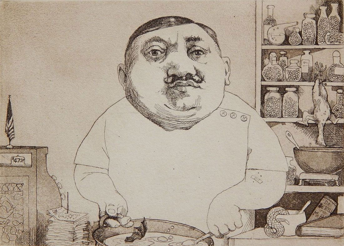 Charles Bragg etching: Charles Bragg (American 1931- )- ''Pharmacist''- etching, signed, titled and numbered 117/150 in pencil, very good condition. 5 x 7''