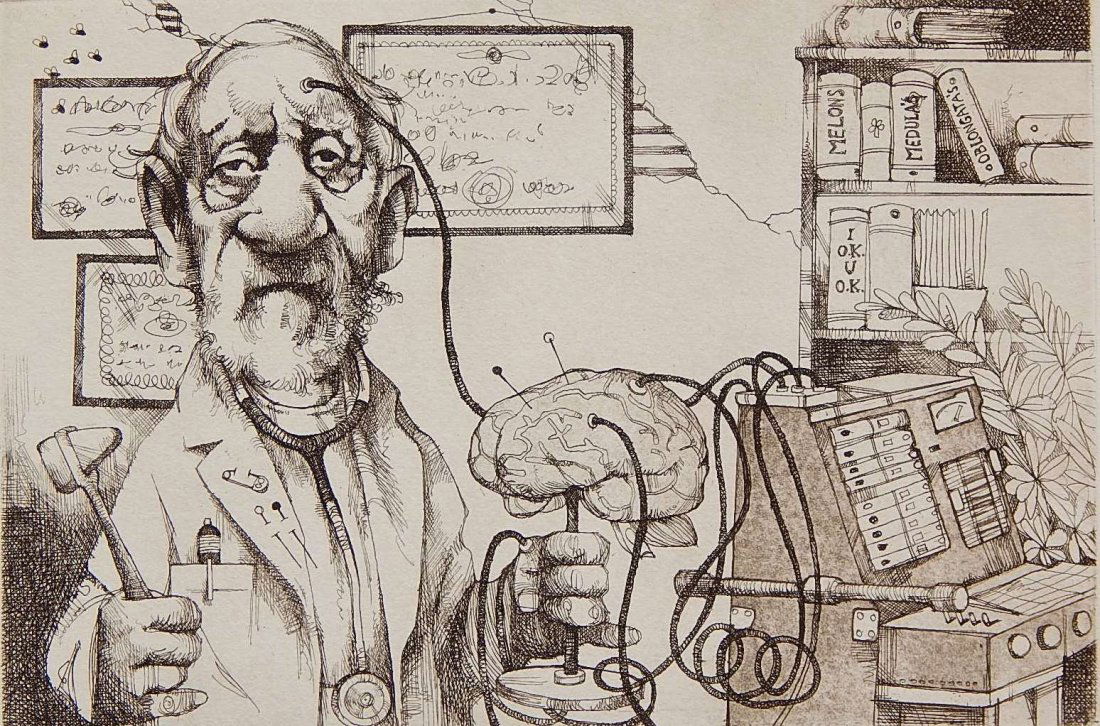 Charles Bragg etching: Charles Bragg (American 1931- )- ''Neurologist''- etching, signed, titled and numbered 141/300 in pencil. 5 3/4 x 8 3/4''