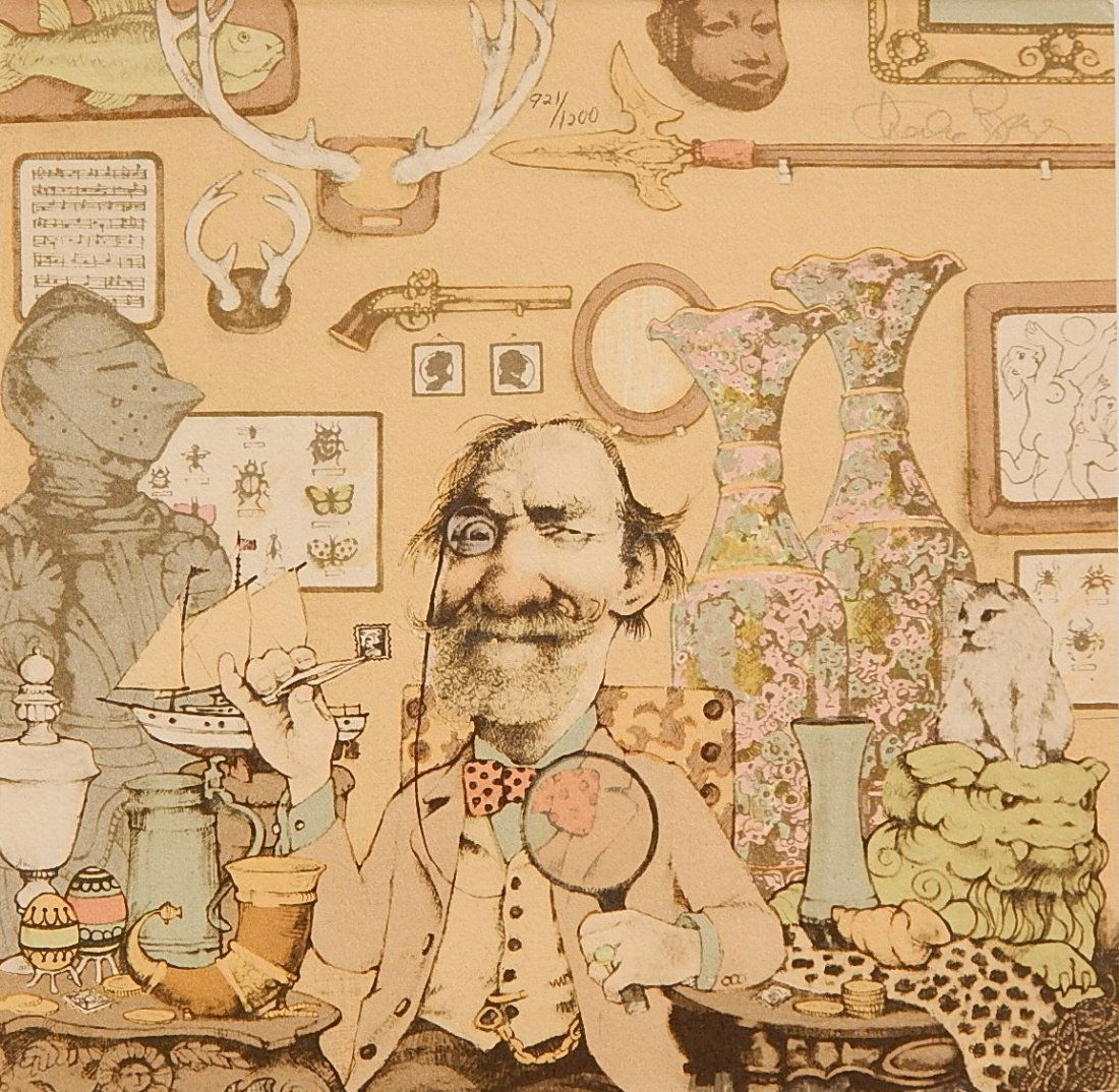 Charles Bragg lithograph: Charles Bragg (American 1931- )- ''The Collector''- lithograph in colors, signed and numbered 921/1200 in pencil. 9 1/2 x 9 1/2''