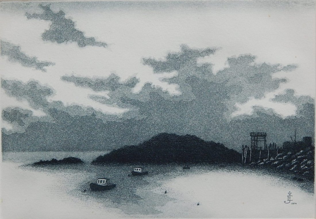 Jim Egleson etching: Jim Egleson (American 1907-1982)- ''Evening, Monhegan'' (AAA/Czestochowski 1975.010)- etching, 1974, signed, titled and numbered 83/250 in pencil, mat burn. 7 x 9 3/4''