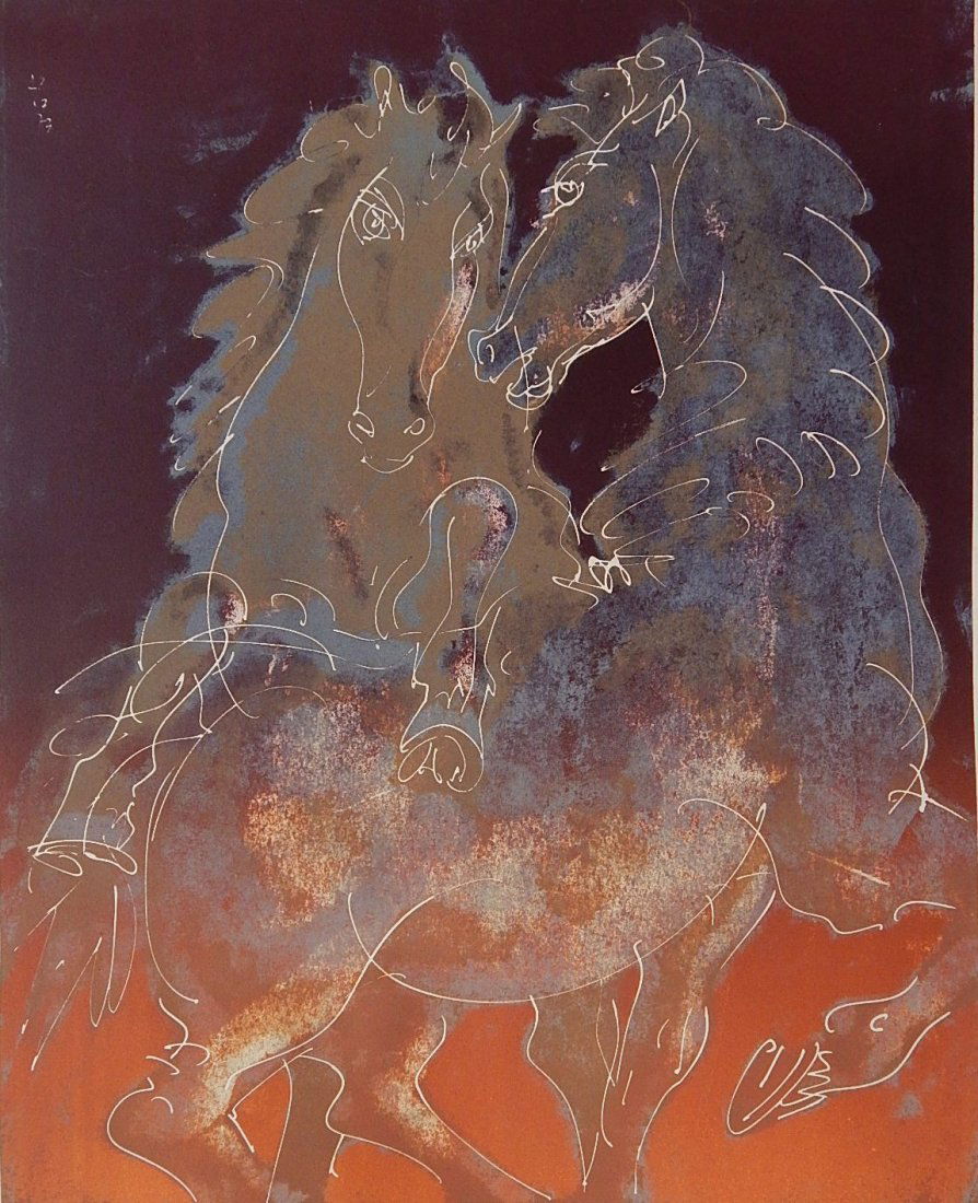Hans Erni lithograph: Hans Erni (Swiss 1909- )- Two Horses- lithograph in colors, 1975, signed and numbered 112/150 in pencil. 20 x 16''