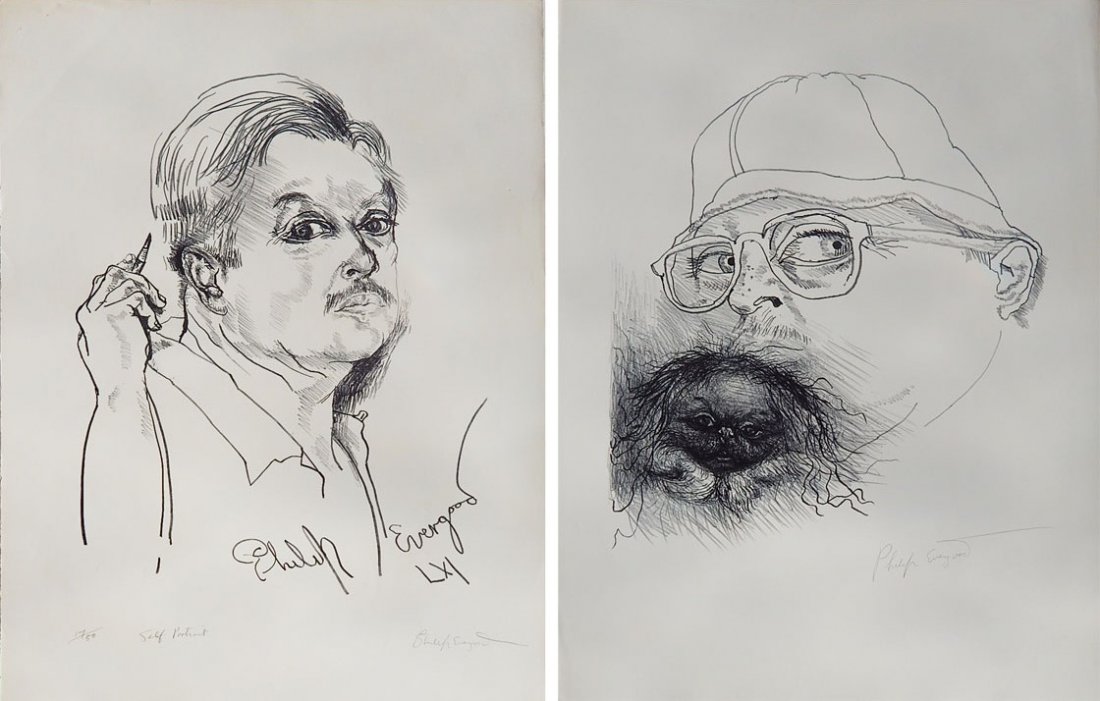 Philip Evergood 2 lithographs: Philip Evergood (American 1901-1973)- ''Self Portrait'' and ''Me and My Dog''- 2 lithographs, both signed in pencil, 'Self-Portrait' is titled and numbered 17/50, good condition. 19 x 15 1/2''; 18 1/2