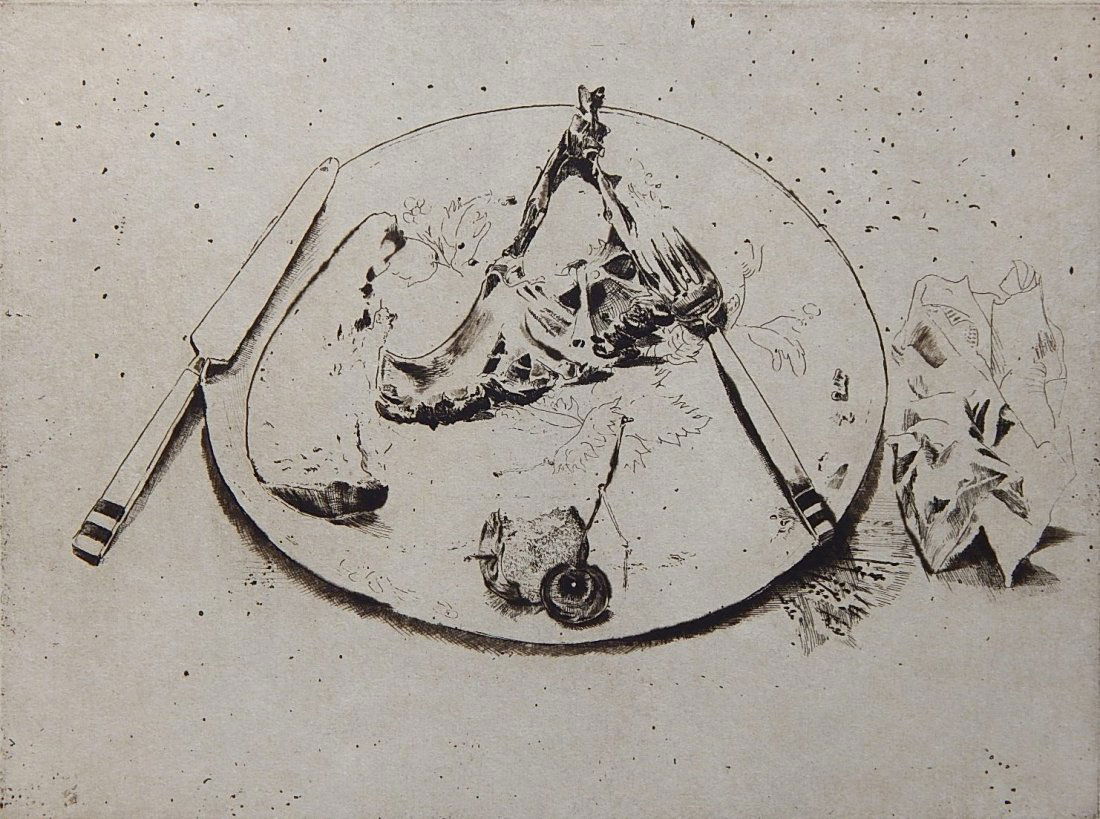 Joseph Goldyne etching and aquatint: Joseph Goldyne (American 1942- )- ''Dirty Dish'' (Goldyne 66)- etching and aquatint, 1979, signed, titled and numbered 5/20 in pencil, very good condition. 8 3/4 x 11 3/4''