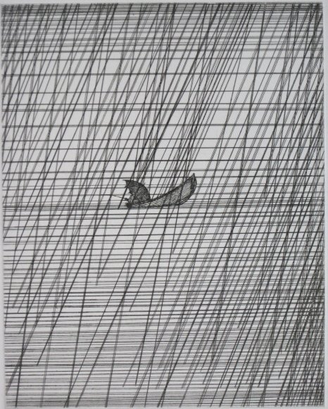 Art Hansen etching: Art Hansen- ''Fisherman in Rainstorm'' (AAA/Czestochowski 1984.008)- etching, 1982, signed, dated, titled and numbered 8350 in pencil, very good condition. 9 7/8 x 7 7/8''