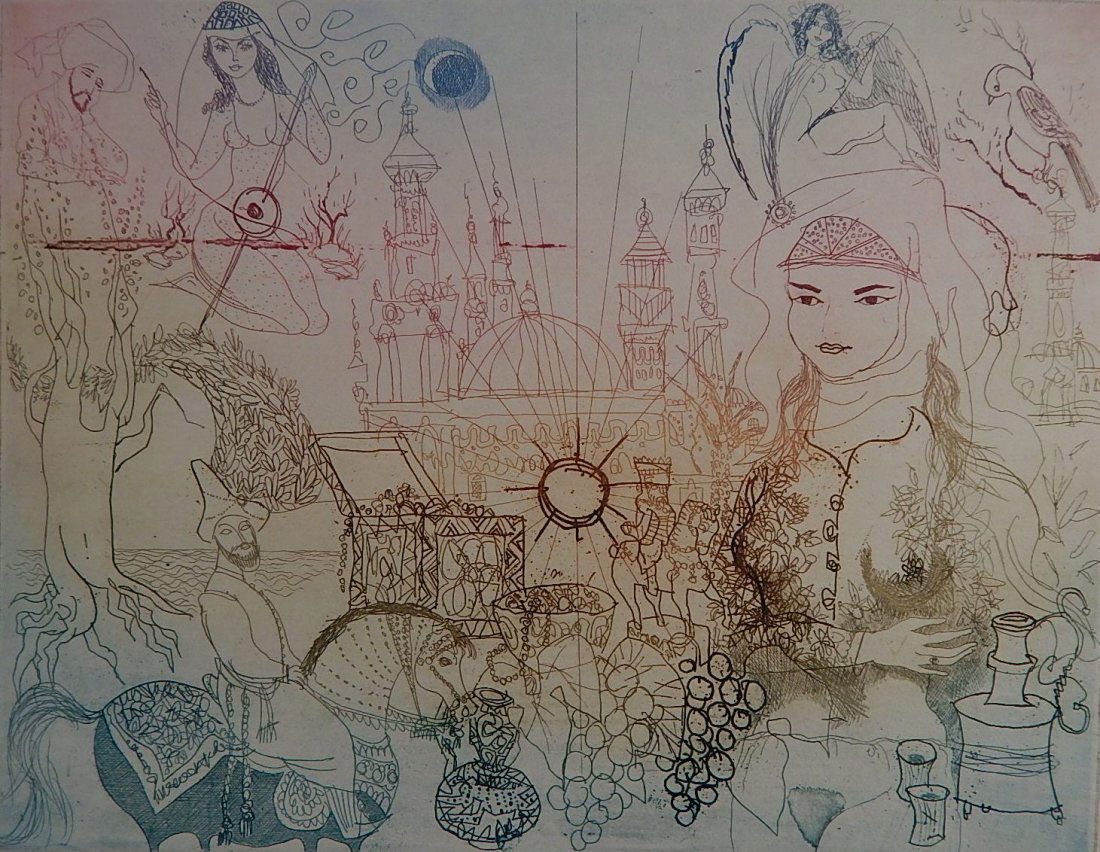 Lajos Kondor etching: Lajos Kondor (European 20th c.)- Untitled- etching in colors, signed, titled and numbered 60/100 in pencil. 9 x 9 5/8''