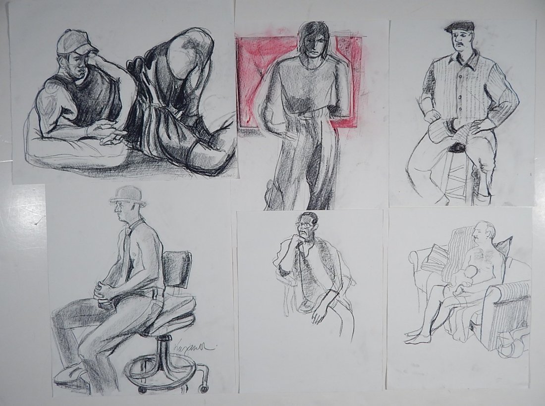 Mario Julio Kujawski 6 charcoal drawings: Mario Julio Kujawski (American 20th c.)- Male Figural Studies- 6 charcoal on paper, some signed, handling creases, some staining and smudging, various sizes.