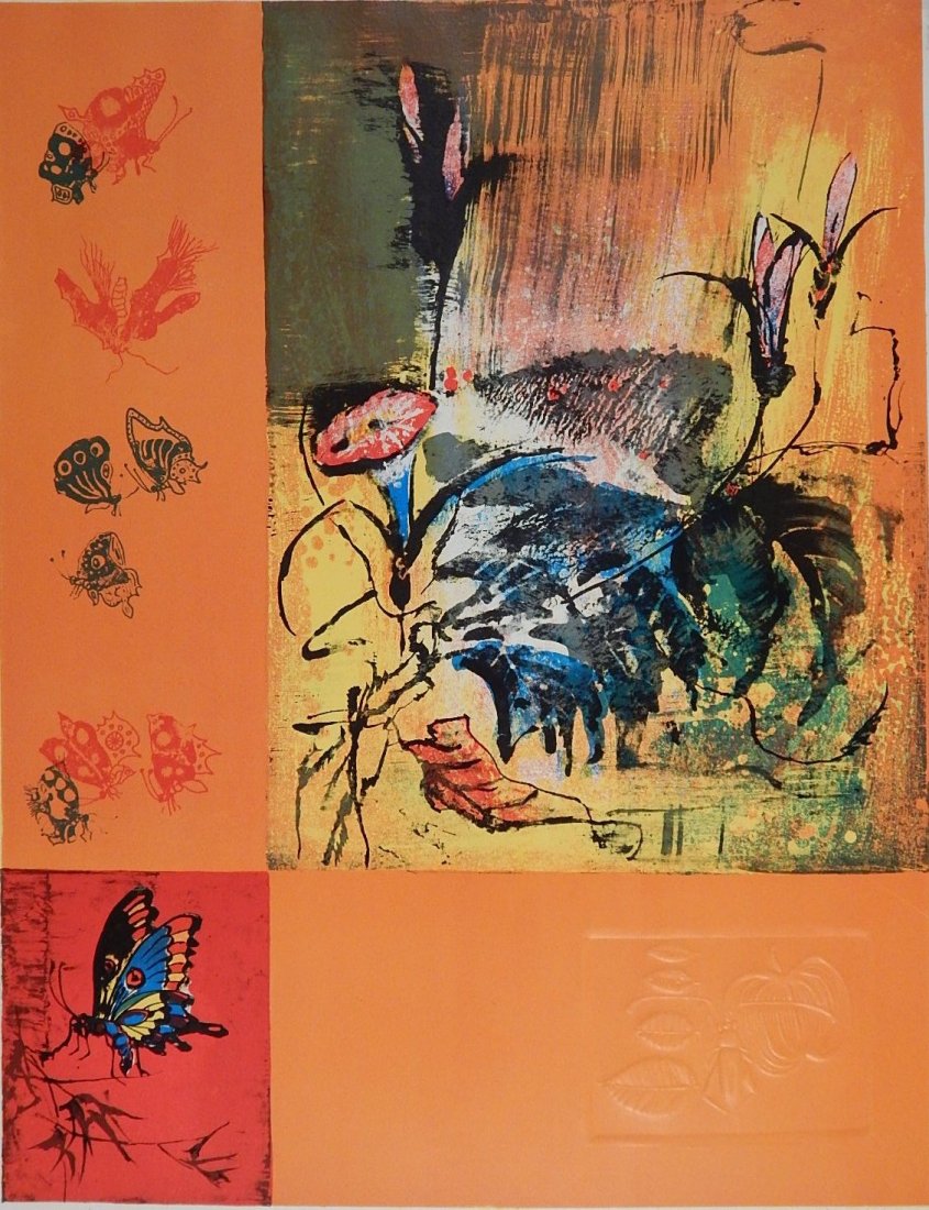Lebadang lithograph: Lebadang (Vietnamese 1922- )- Insects- lithograph in colors, signed 'Hoi' and numbered 133/325 in pencil, slightly light struck, otherwise good condition. 20 3/4 x 16''