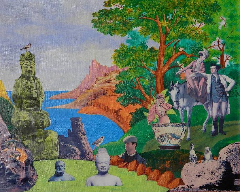 Michael Marecak mixed media: Michael Marecak (American 20th c.)- ''Impossible Solutions at The Fountain of Youth''- mixed media on canvasboard, 1987, signed M 87 lower left, very good condition. 16 x 20'' Provenance: Niece of the